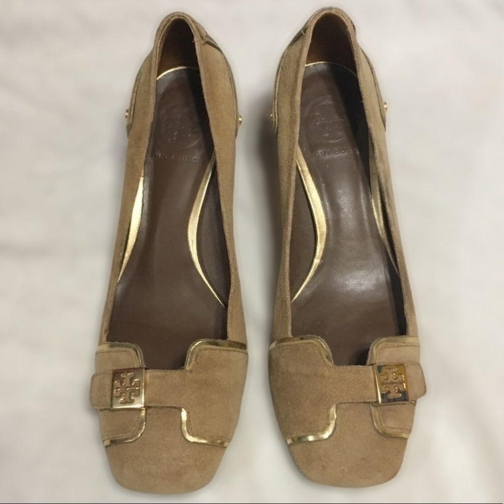 TORY BURCH Helen Split Suede Metallic Heels 7.5